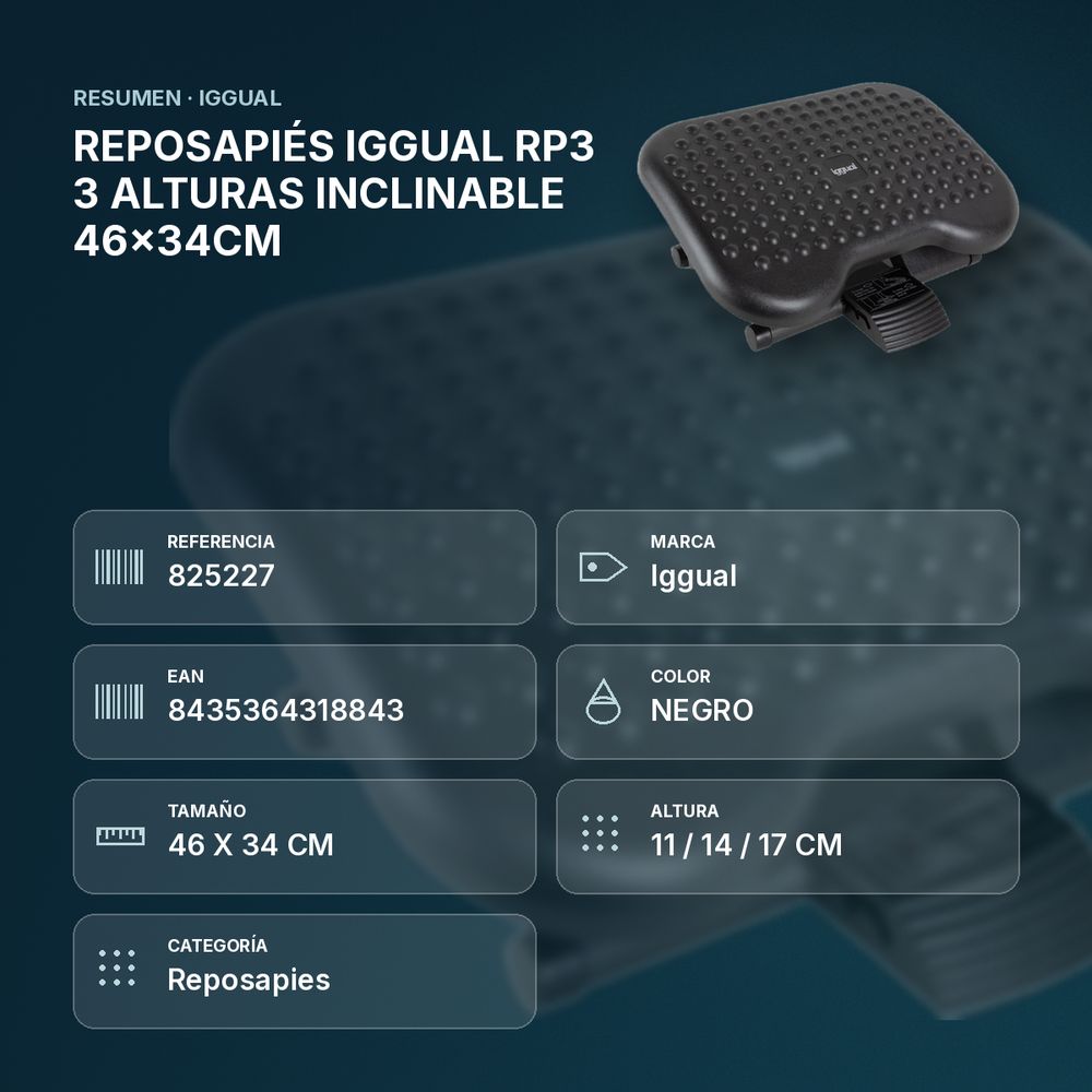 REPOSAPIÉS IGGUAL RP3 3 ALTURAS INCLINABLE 46x34CM - resumen de atributos