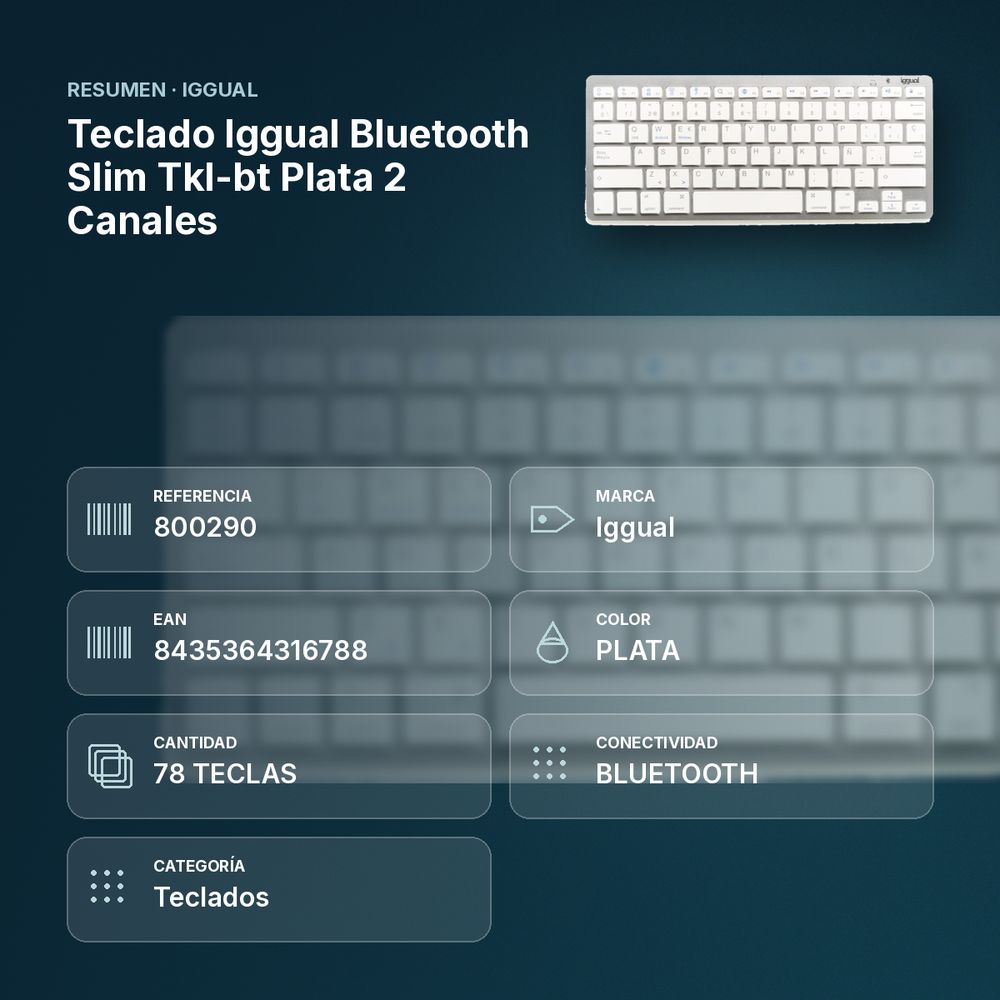 TECLADO IGGUAL  BLUETOOTH SLIM TKL-BT PLATA 2 CANALES - resumen de atributos