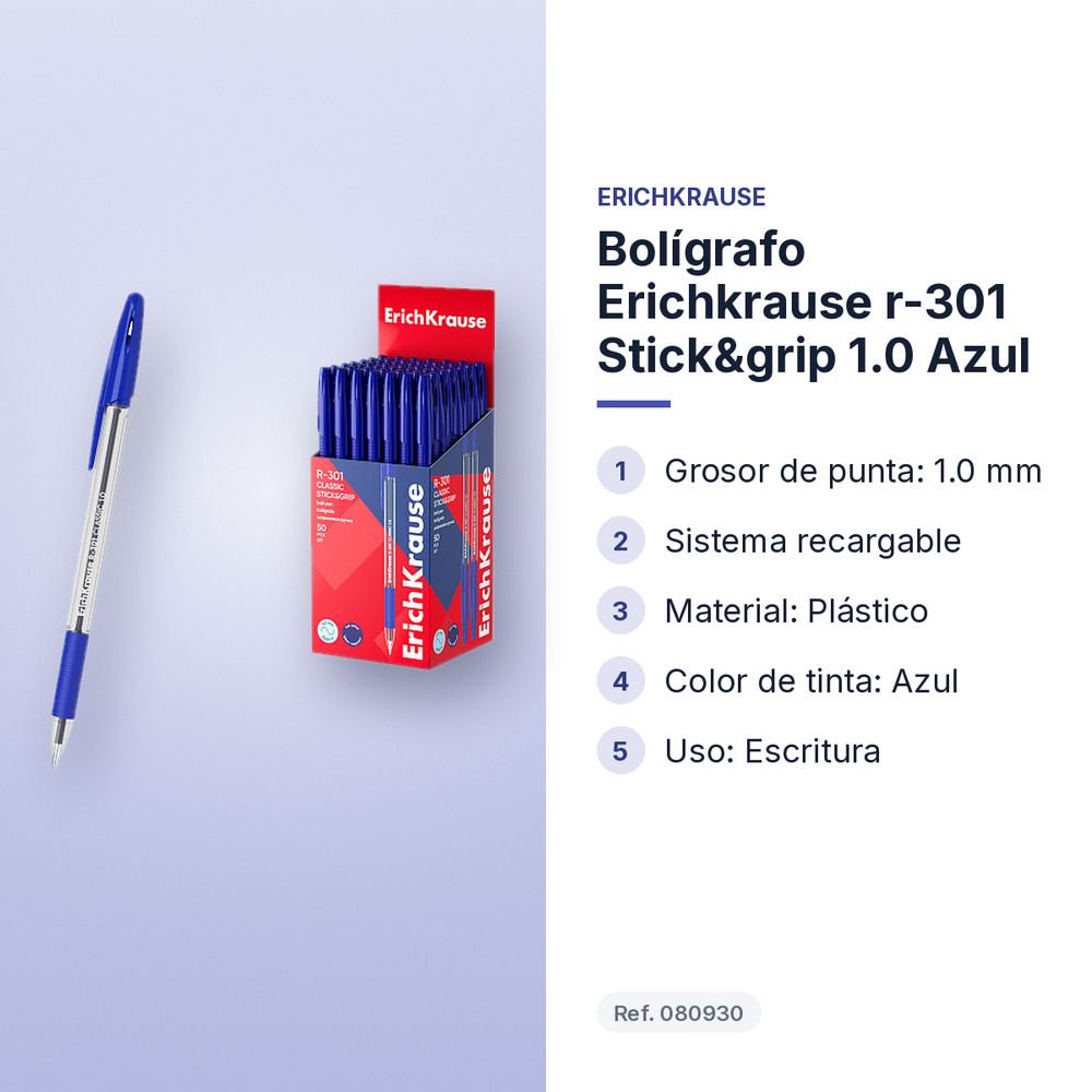 BOLÍGRAFO ERICHKRAUSE R-301 STICK&GRIP 1.0 AZUL  - características principales