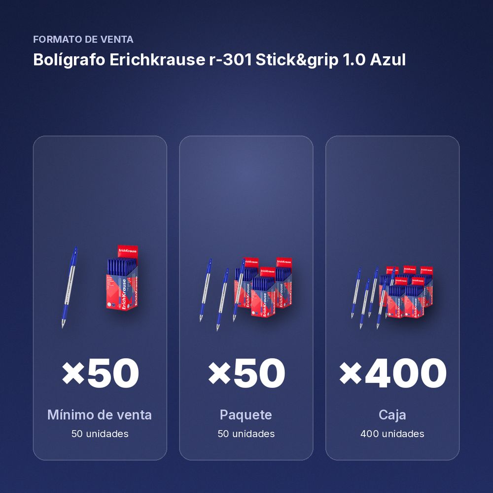 BOLÍGRAFO ERICHKRAUSE R-301 STICK&GRIP 1.0 AZUL  - formato de venta: paquete de 50, caja de 400, palé de 3200