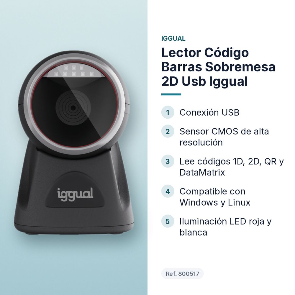 LECTOR CÓDIGO BARRAS SOBREMESA 2D USB IGGUAL  - características principales