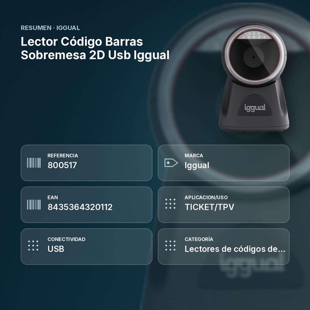LECTOR CÓDIGO BARRAS SOBREMESA 2D USB IGGUAL  - resumen de atributos