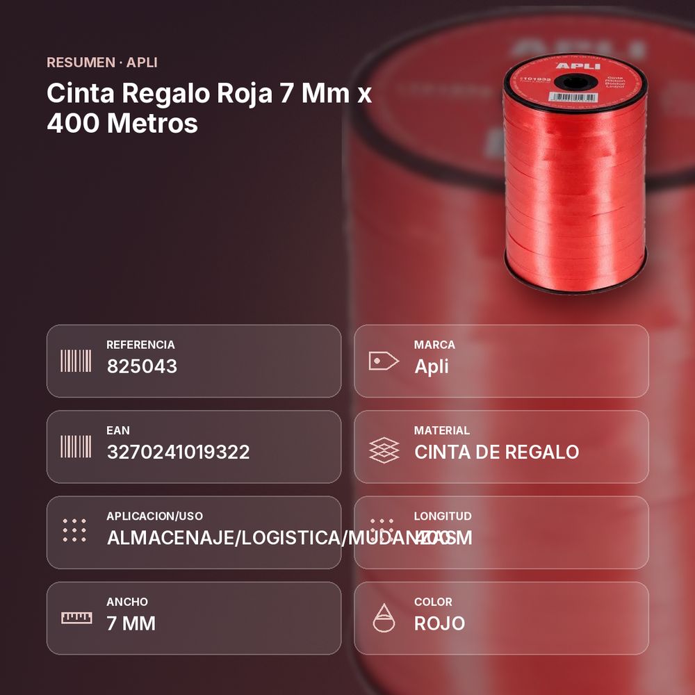 CINTA REGALO ROJA 7 MM X 400 METROS - resumen de atributos