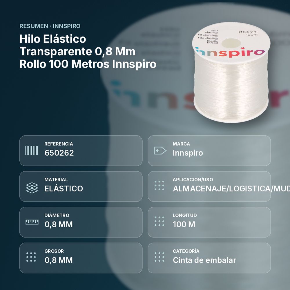 HILO ELÁSTICO TRANSPARENTE 0,8 MM ROLLO 100 METROS INNSPIRO - resumen de atributos
