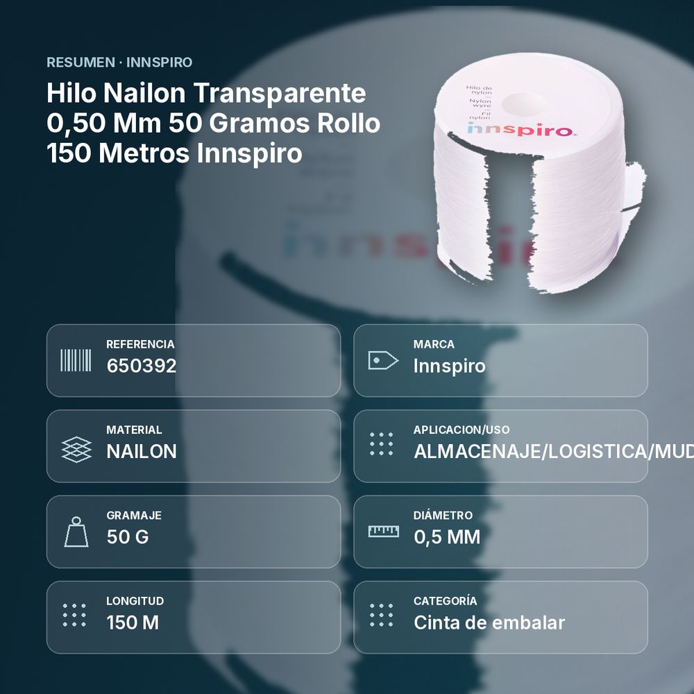 HILO NAILON TRANSPARENTE 0,50 MM 50 GRAMOS ROLLO 150 METROS INNSPIRO - resumen de atributos