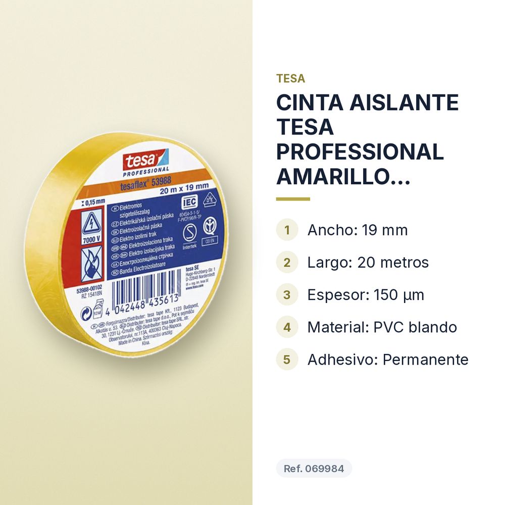 CINTA AISLANTE TESA PROFESSIONAL AMARILLO 19MM×20M 150 µm  - características principales