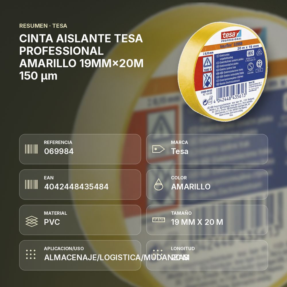 CINTA AISLANTE TESA PROFESSIONAL AMARILLO 19MM×20M 150 µm  - resumen de atributos