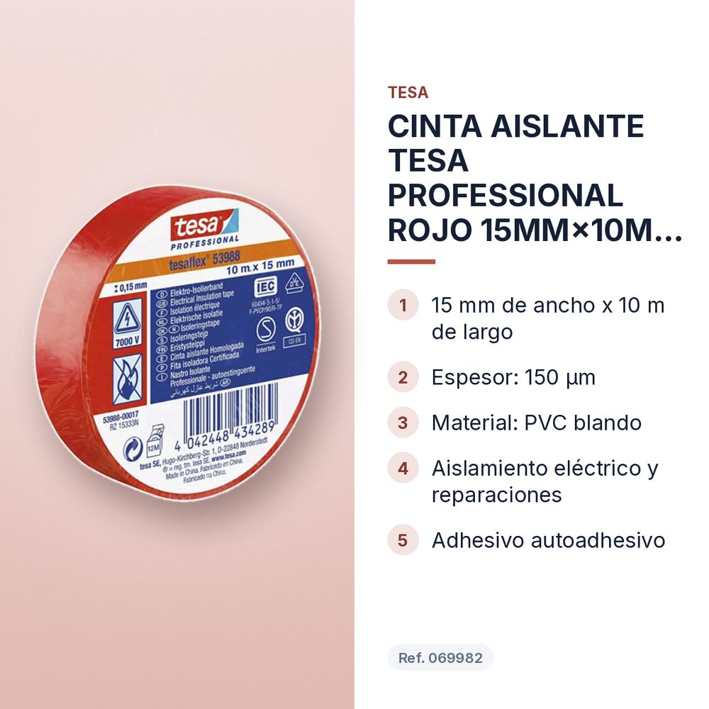 CINTA AISLANTE TESA PROFESSIONAL ROJO 15MM×10M 150 µm  - características principales