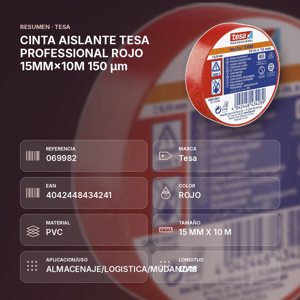 CINTA AISLANTE TESA PROFESSIONAL ROJO 15MM×10M 150 µm  - resumen de atributos