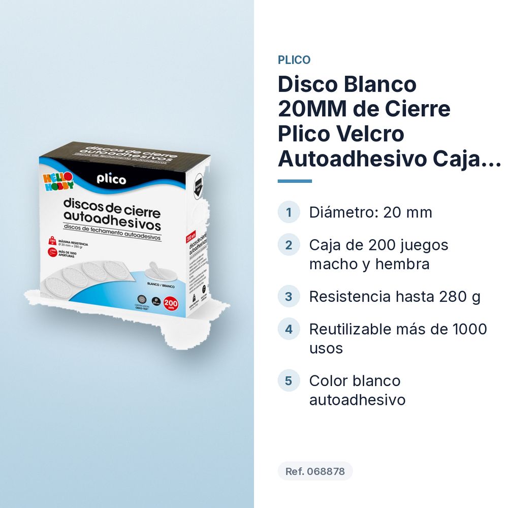 DISCO BLANCO 20MM DE CIERRE PLICO VELCRO AUTOADHESIVO CAJA 200UDS - características principales