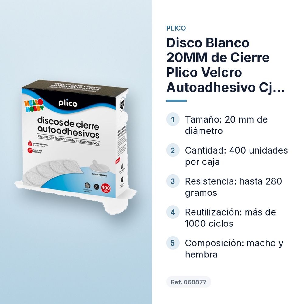 DISCO BLANCO 20MM DE CIERRE PLICO VELCRO AUTOADHESIVO CJ. 400 UDS - características principales