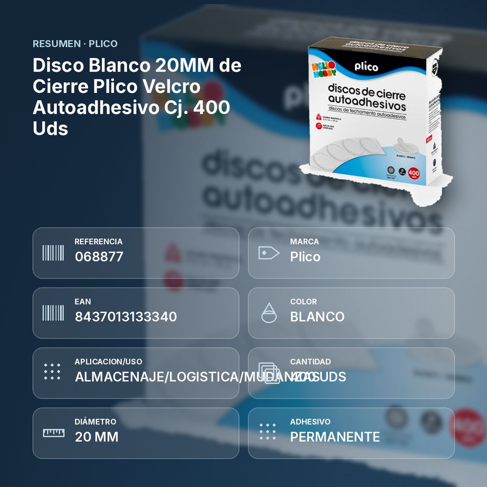 DISCO BLANCO 20MM DE CIERRE PLICO VELCRO AUTOADHESIVO CJ. 400 UDS - resumen de atributos