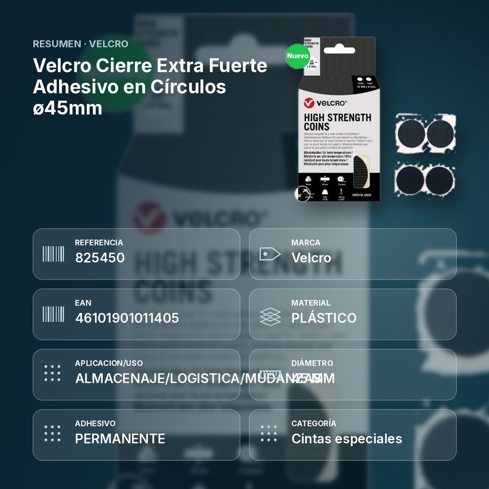 VELCRO CIERRE EXTRA FUERTE ADHESIVO EN CÍRCULOS Ø45MM - resumen de atributos