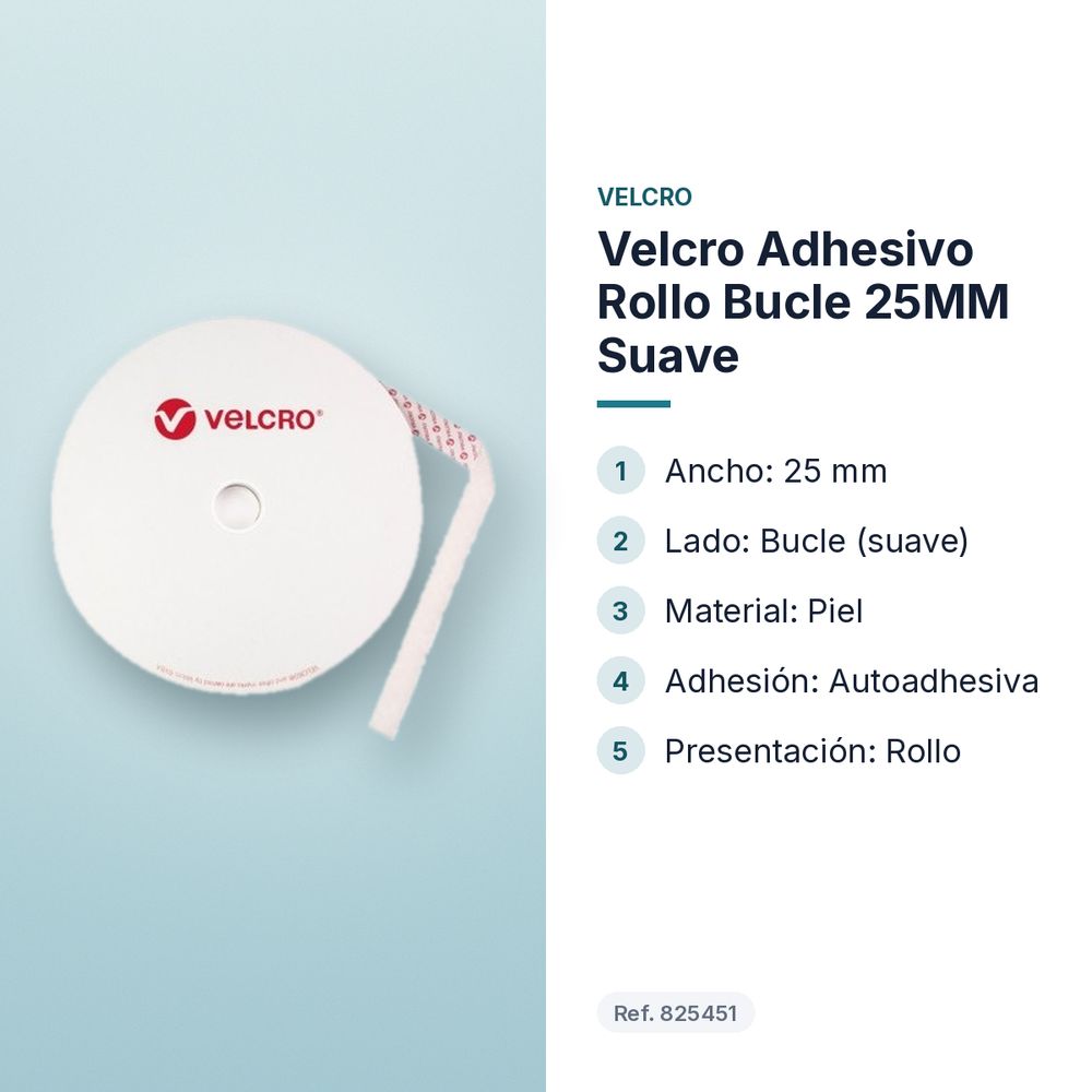 VELCRO ADHESIVO ROLLO BUCLE 25MM SUAVE - características principales