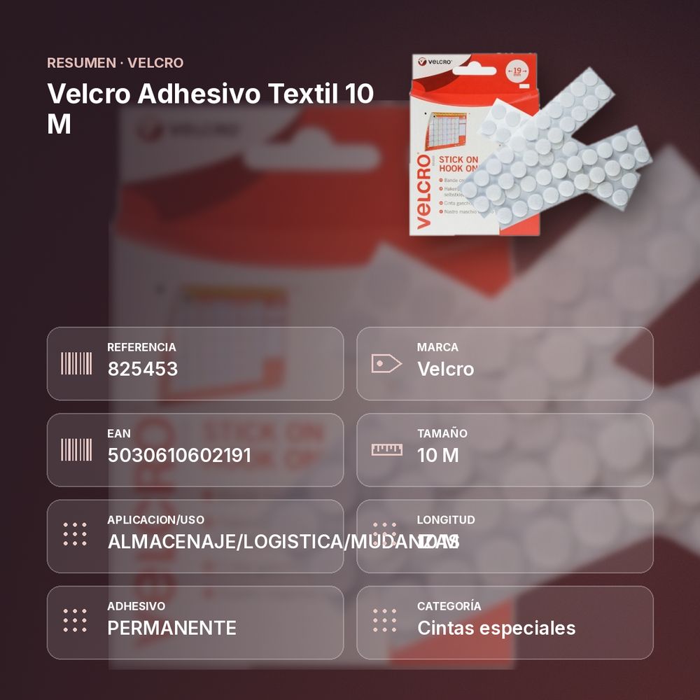VELCRO ADHESIVO TEXTIL 10 M - resumen de atributos
