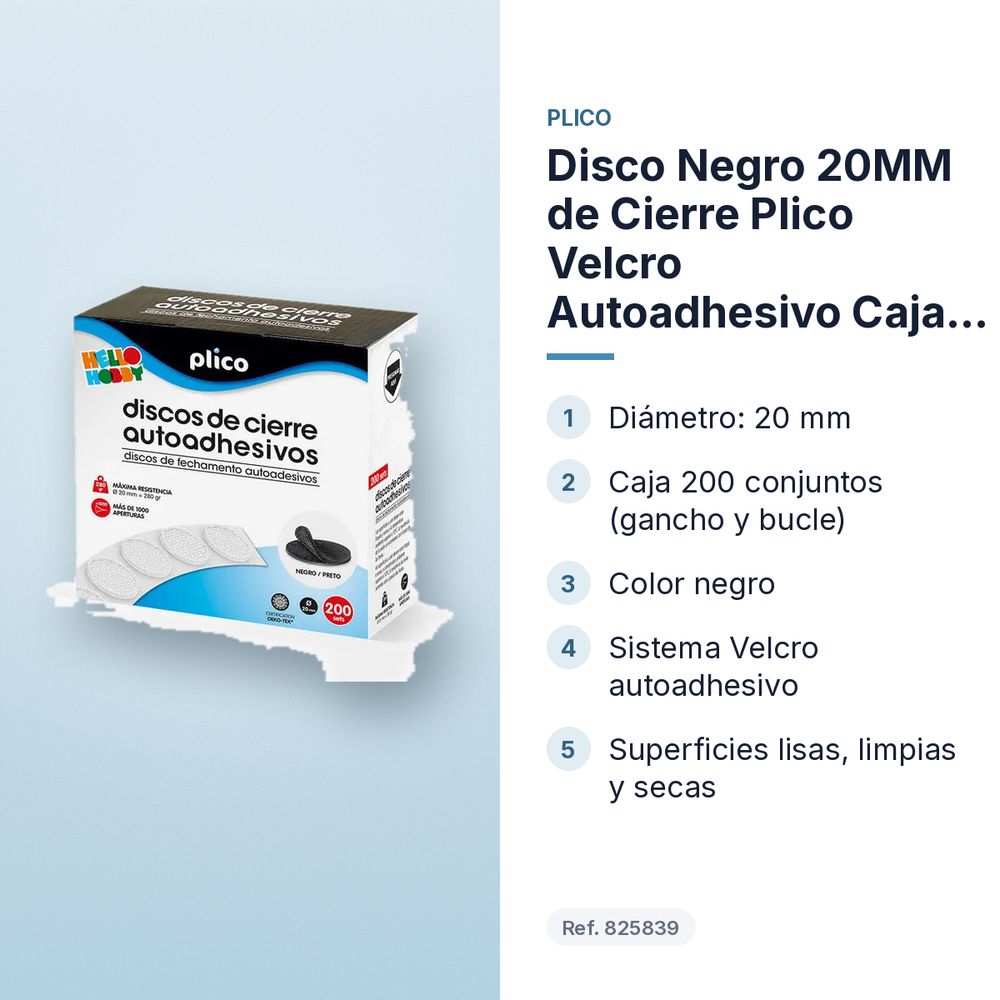 DISCO NEGRO 20MM DE CIERRE PLICO VELCRO AUTOADHESIVO CAJA 200UDS - características principales