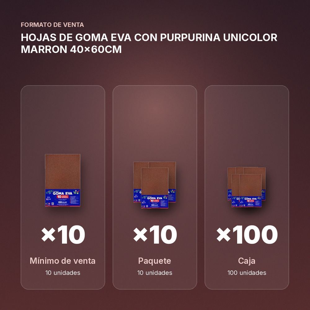 HOJAS DE GOMA EVA CON PURPURINA UNICOLOR MARRON 40x60CM - formato de venta: paquete de 10, caja de 100