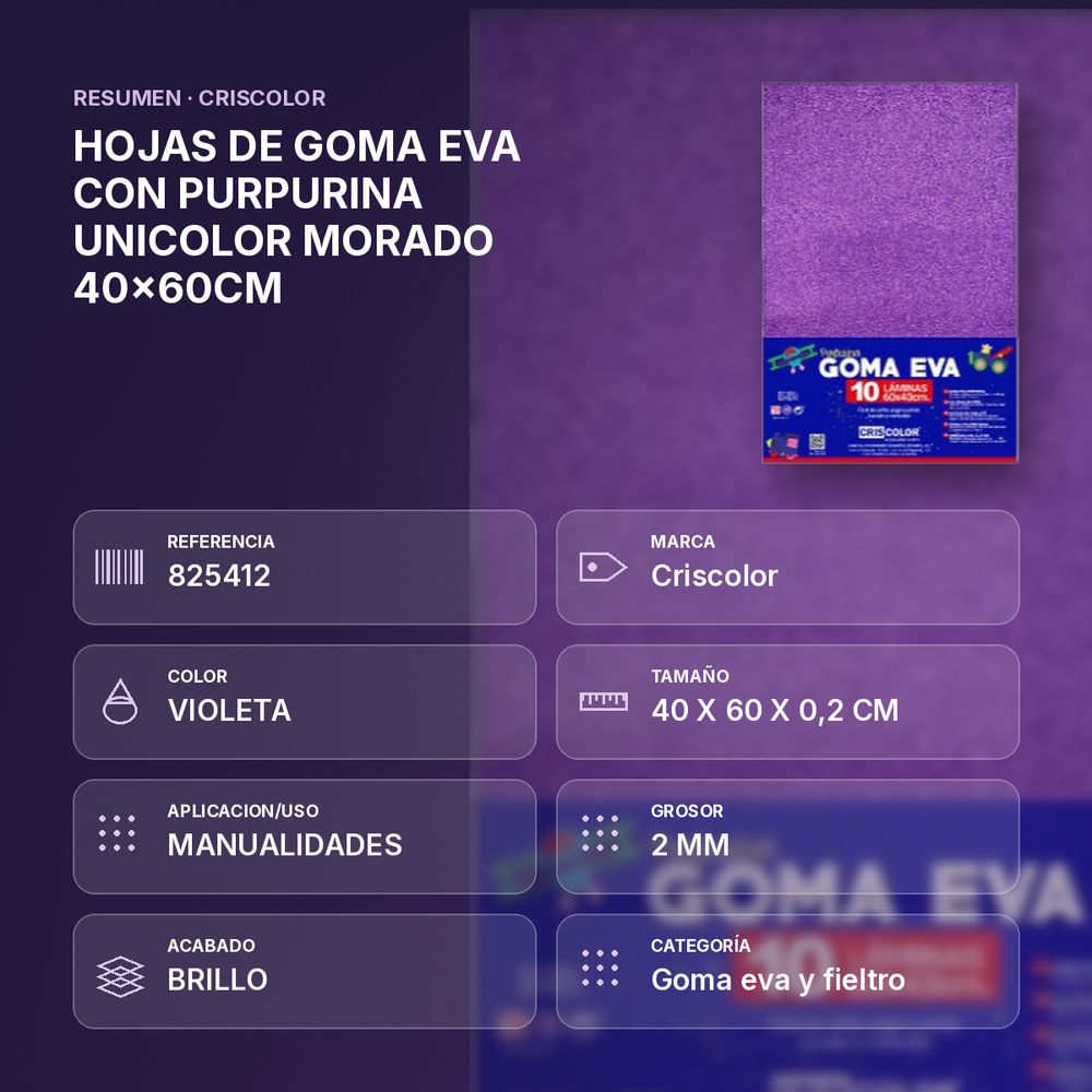 HOJAS DE GOMA EVA CON PURPURINA UNICOLOR MORADO 40x60CM - resumen de atributos