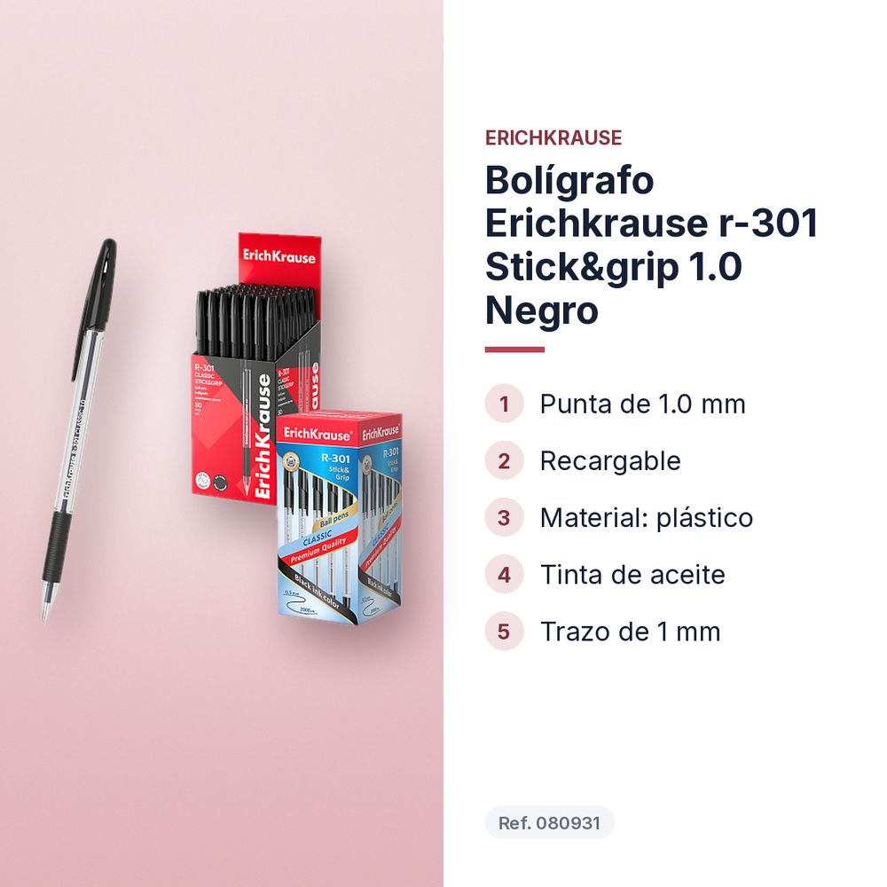 BOLÍGRAFO ERICHKRAUSE R-301 STICK&GRIP 1.0 NEGRO  - características principales