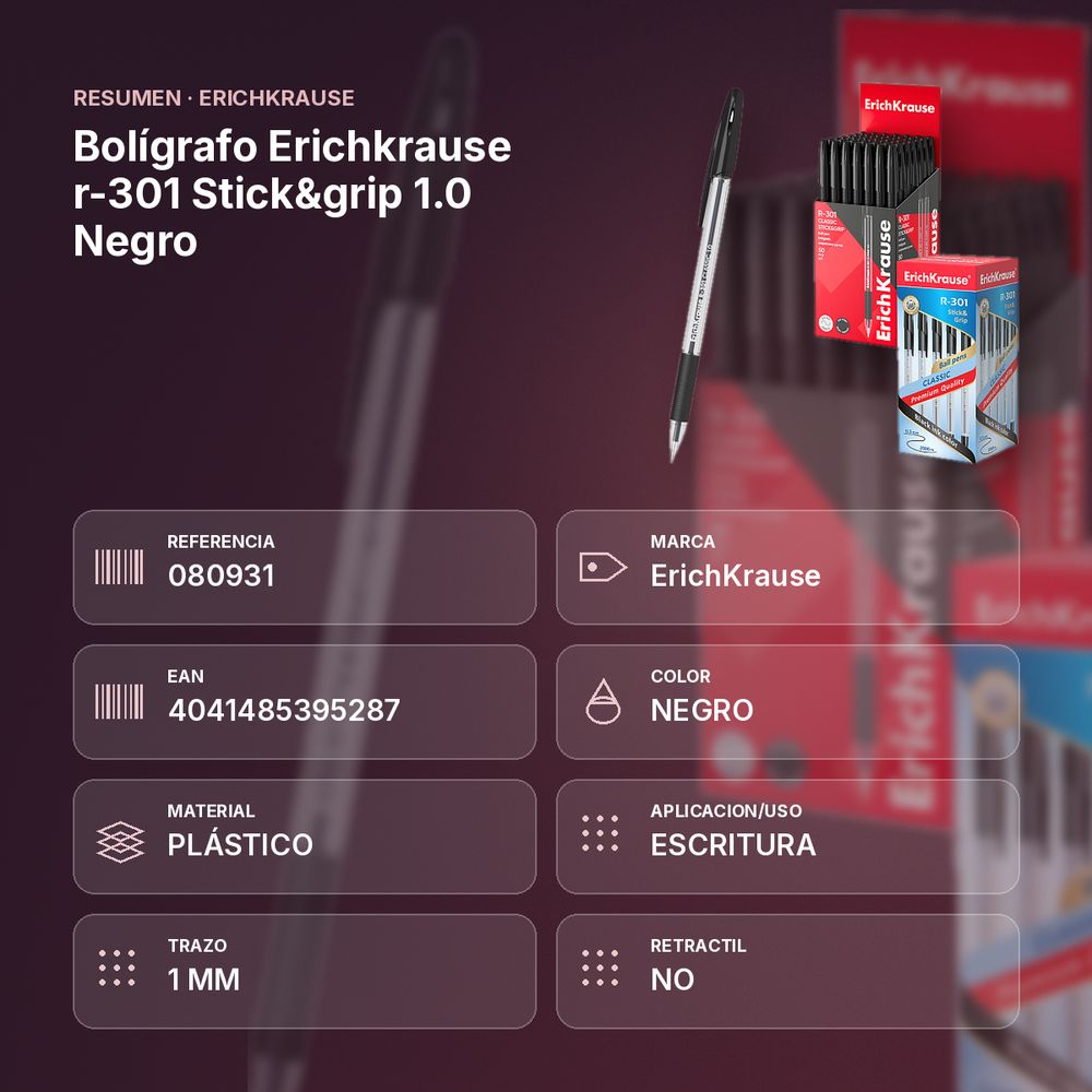 BOLÍGRAFO ERICHKRAUSE R-301 STICK&GRIP 1.0 NEGRO  - resumen de atributos