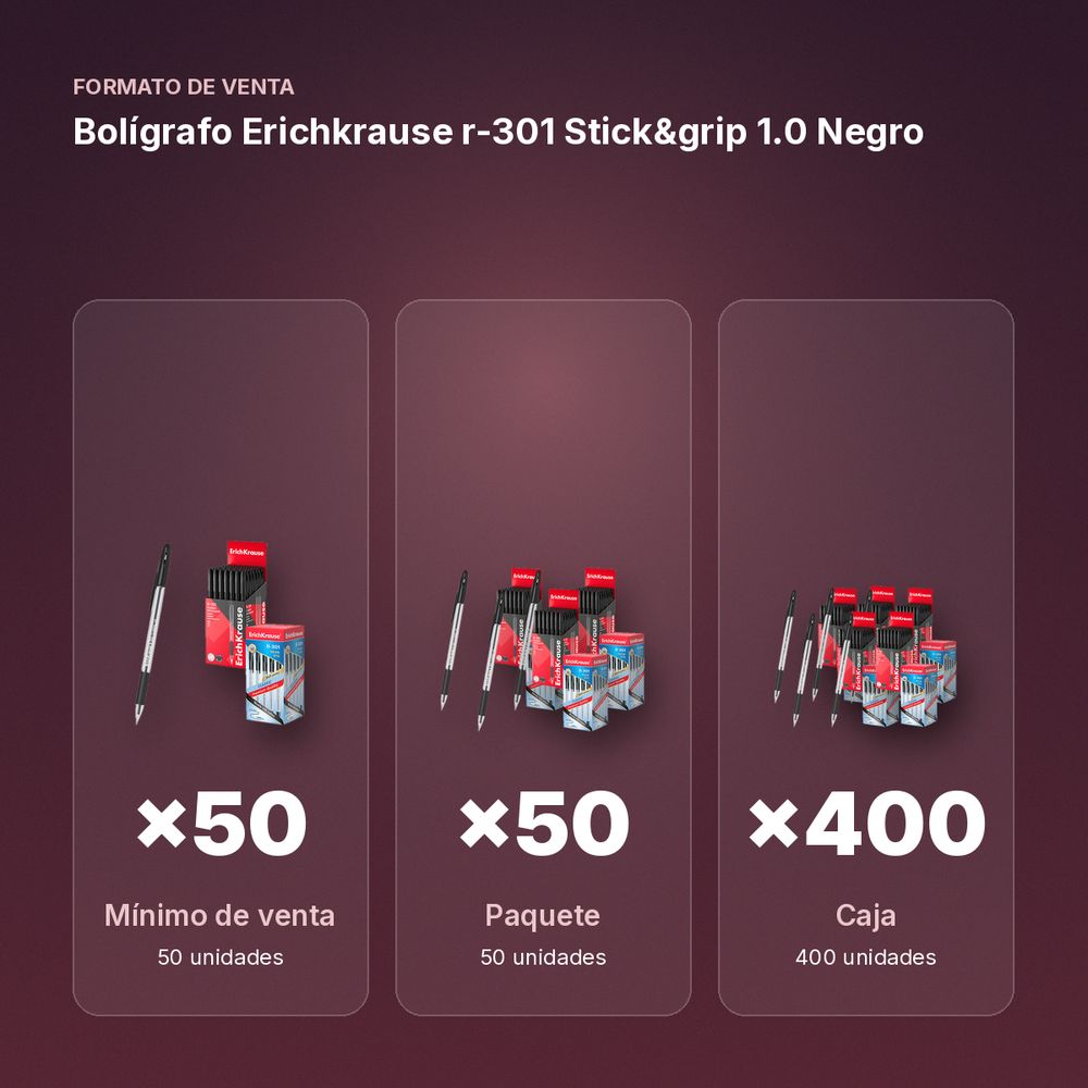 BOLÍGRAFO ERICHKRAUSE R-301 STICK&GRIP 1.0 NEGRO  - formato de venta: paquete de 50, caja de 400, palé de 3200