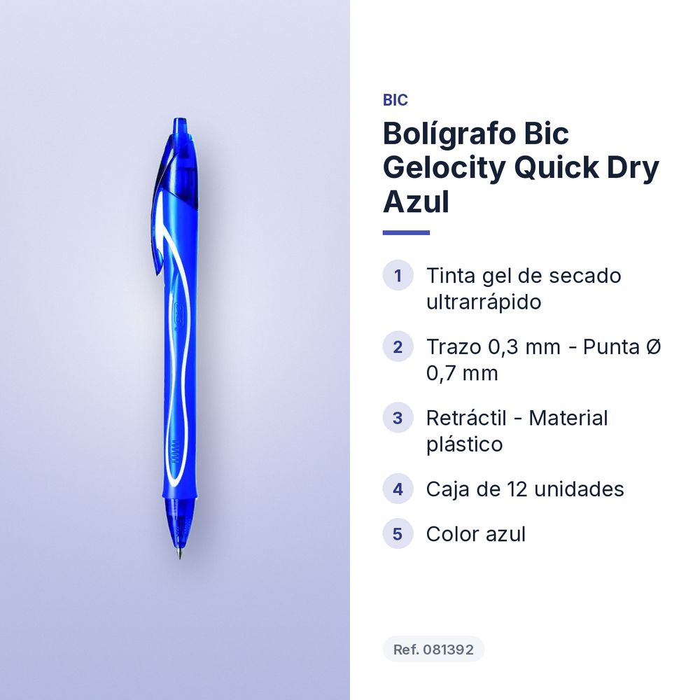 BOLÍGRAFO BIC GELOCITY QUICK DRY AZUL - características principales