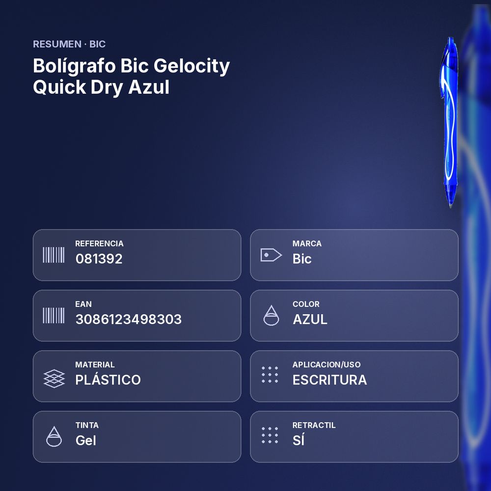 BOLÍGRAFO BIC GELOCITY QUICK DRY AZUL - resumen de atributos
