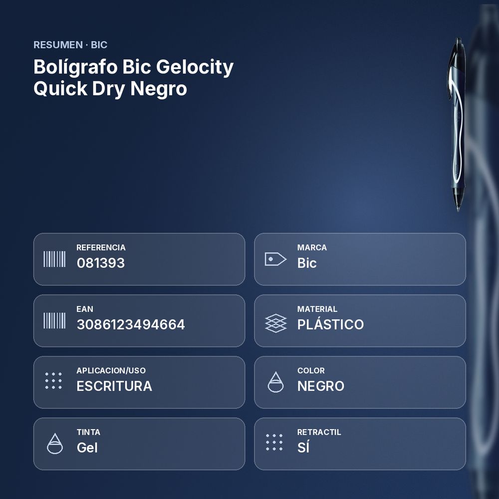 BOLÍGRAFO BIC GELOCITY QUICK DRY NEGRO - resumen de atributos