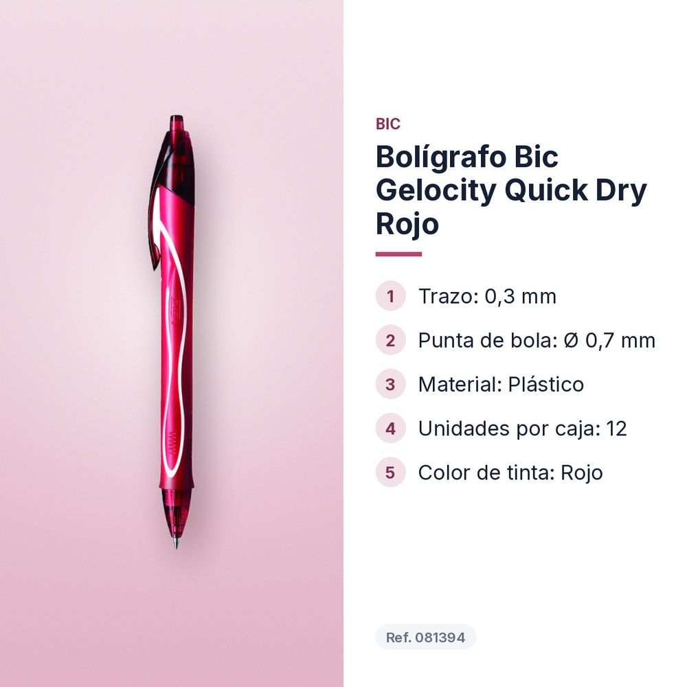 BOLÍGRAFO BIC GELOCITY QUICK DRY ROJO  - características principales