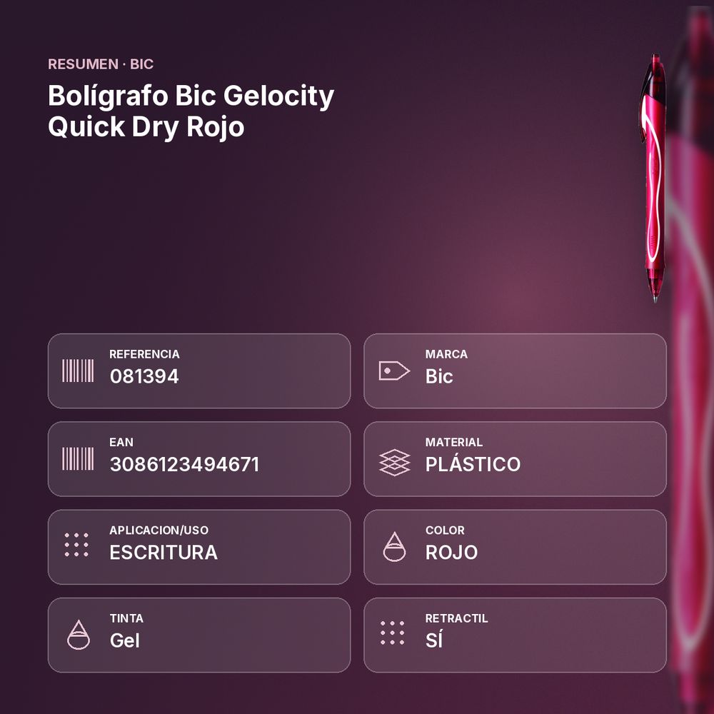 BOLÍGRAFO BIC GELOCITY QUICK DRY ROJO  - resumen de atributos