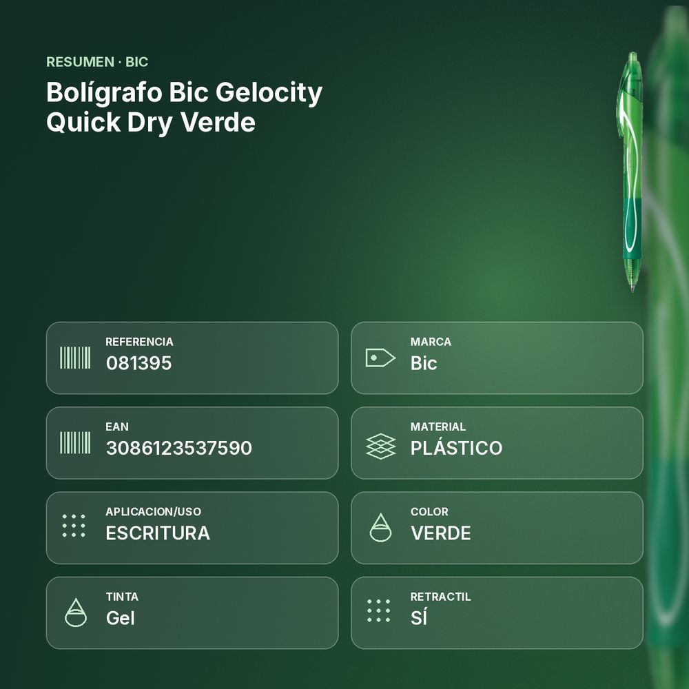 BOLÍGRAFO BIC GELOCITY QUICK DRY VERDE - resumen de atributos