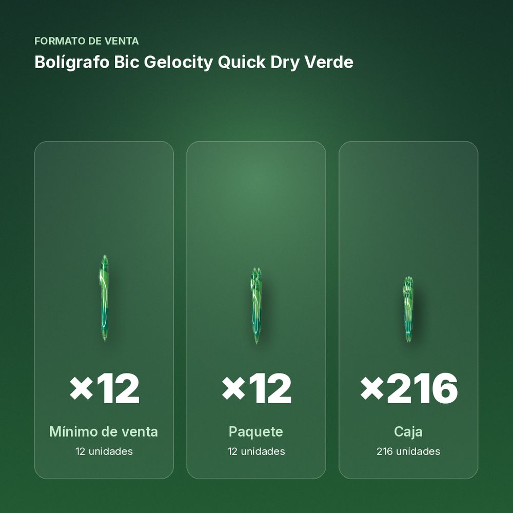 BOLÍGRAFO BIC GELOCITY QUICK DRY VERDE - formato de venta: paquete de 12, caja de 216