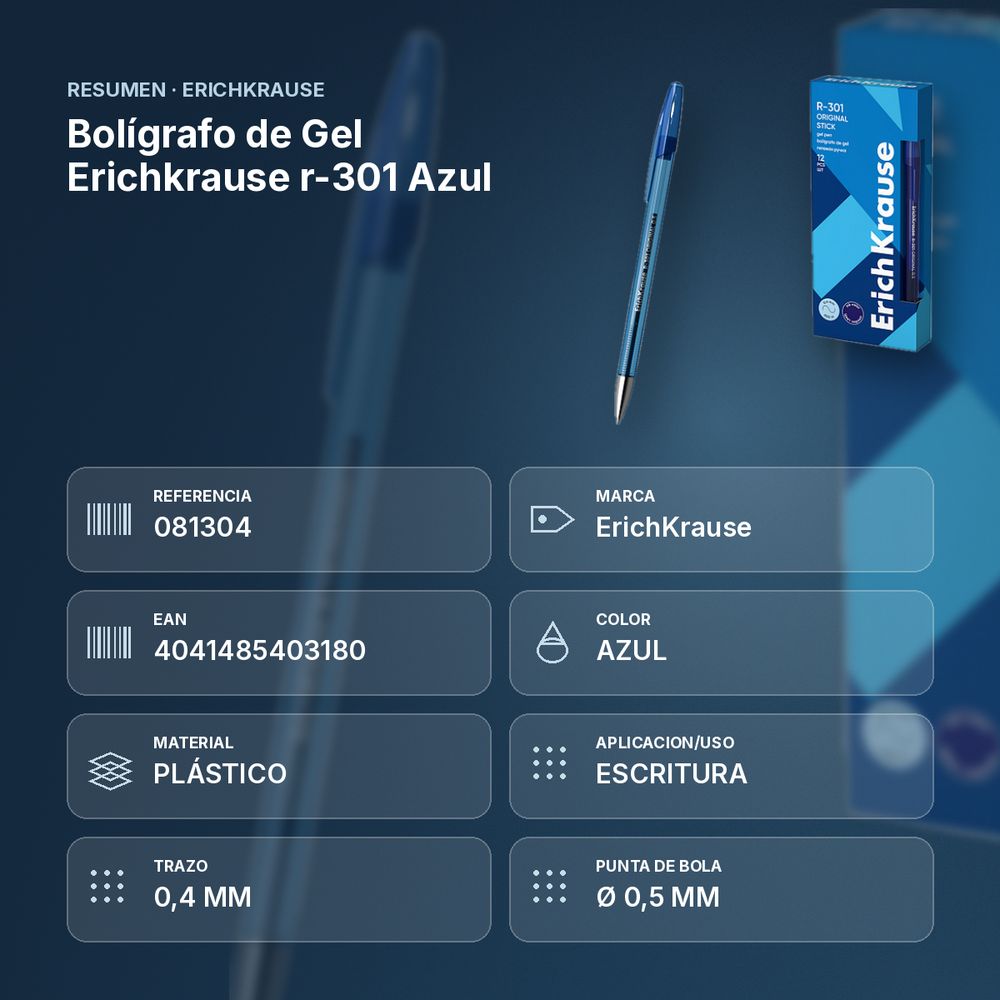 BOLÍGRAFO DE GEL ERICHKRAUSE R-301 AZUL - resumen de atributos