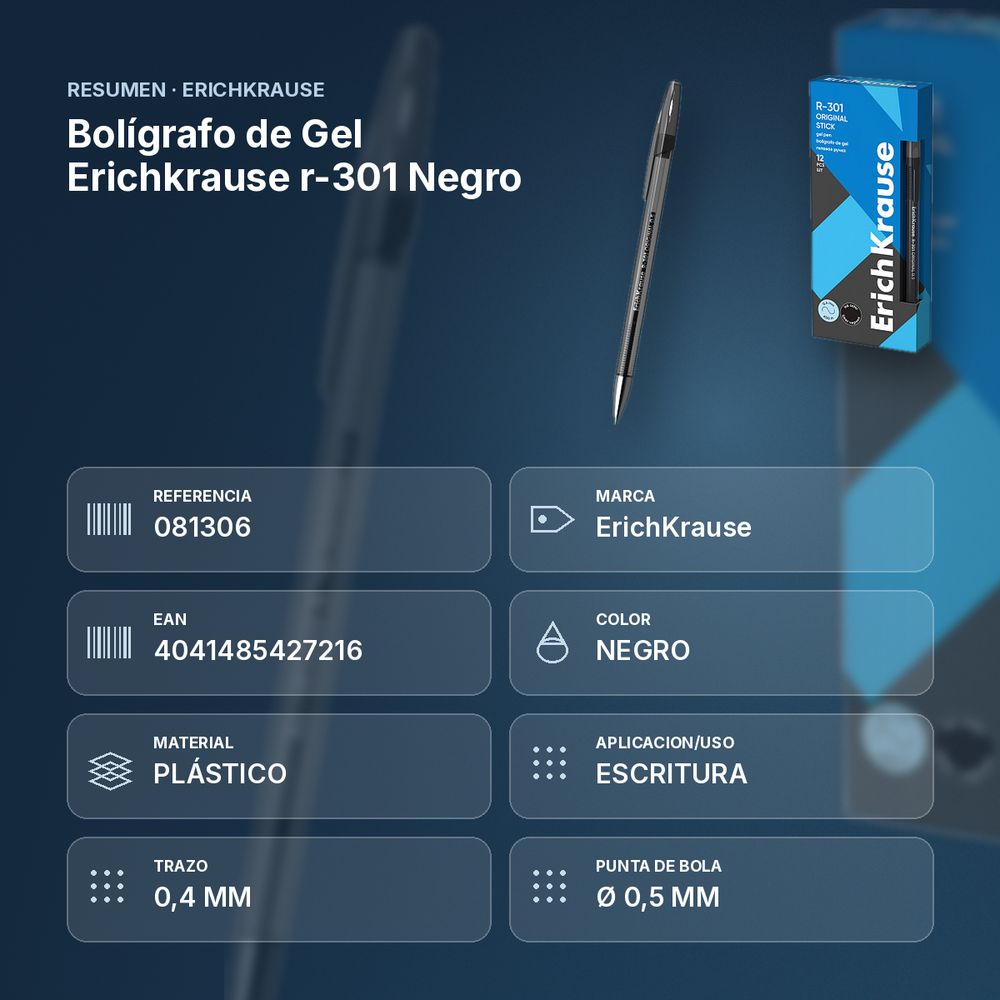 BOLÍGRAFO DE GEL ERICHKRAUSE R-301 NEGRO  - resumen de atributos