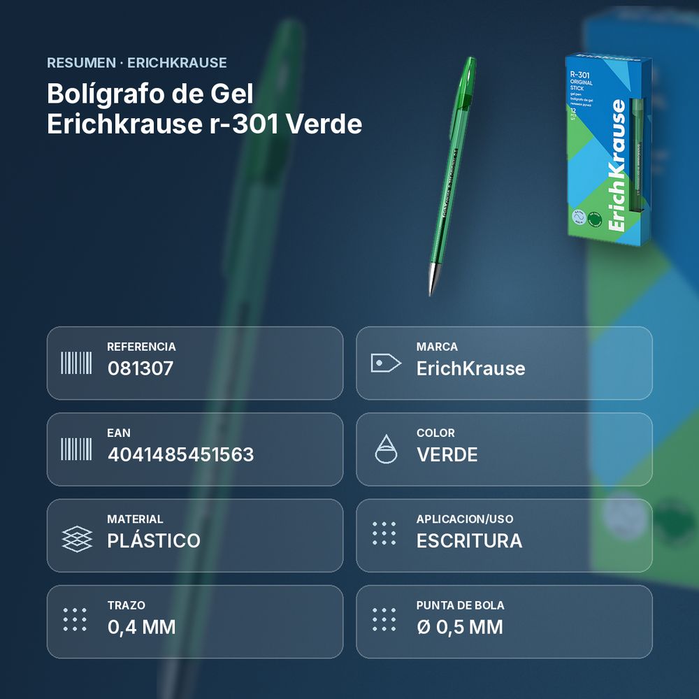 BOLÍGRAFO DE GEL ERICHKRAUSE R-301 VERDE  - resumen de atributos