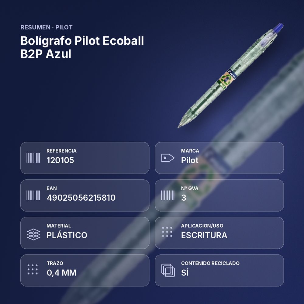 BOLÍGRAFO PILOT ECOBALL B2P AZUL - resumen de atributos