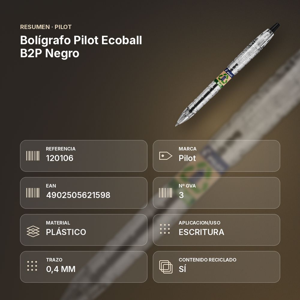 BOLÍGRAFO PILOT ECOBALL B2P NEGRO - resumen de atributos