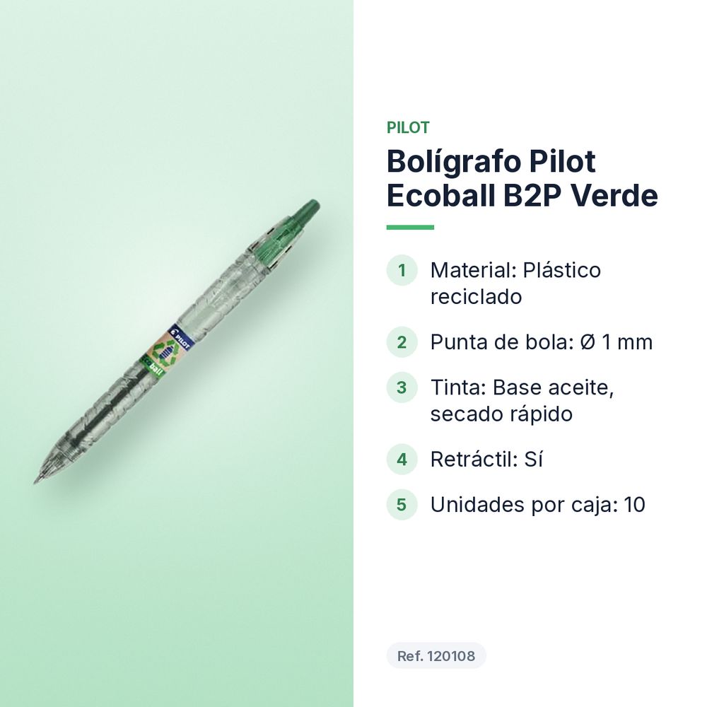 BOLÍGRAFO PILOT ECOBALL B2P VERDE - características principales
