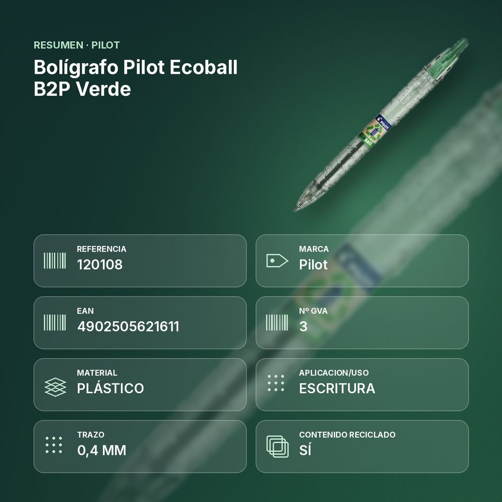 BOLÍGRAFO PILOT ECOBALL B2P VERDE - resumen de atributos
