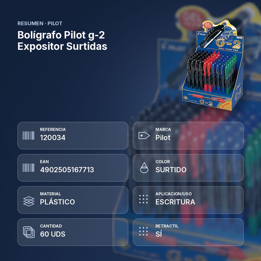 BOLÍGRAFO PILOT G-2  EXPOSITOR SURTIDAS - resumen de atributos