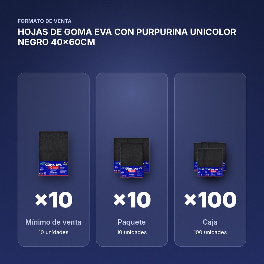HOJAS DE GOMA EVA CON PURPURINA UNICOLOR NEGRO 40x60CM - formato de venta: paquete de 10, caja de 100