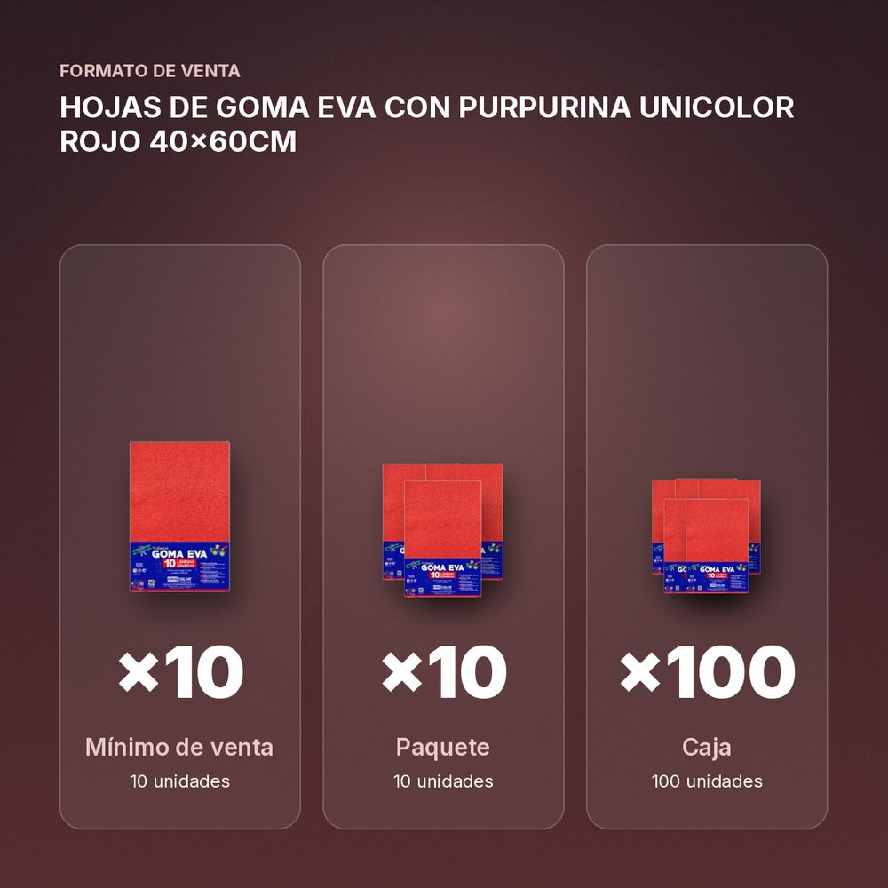 HOJAS DE GOMA EVA CON PURPURINA UNICOLOR ROJO 40x60CM - formato de venta: paquete de 10, caja de 100