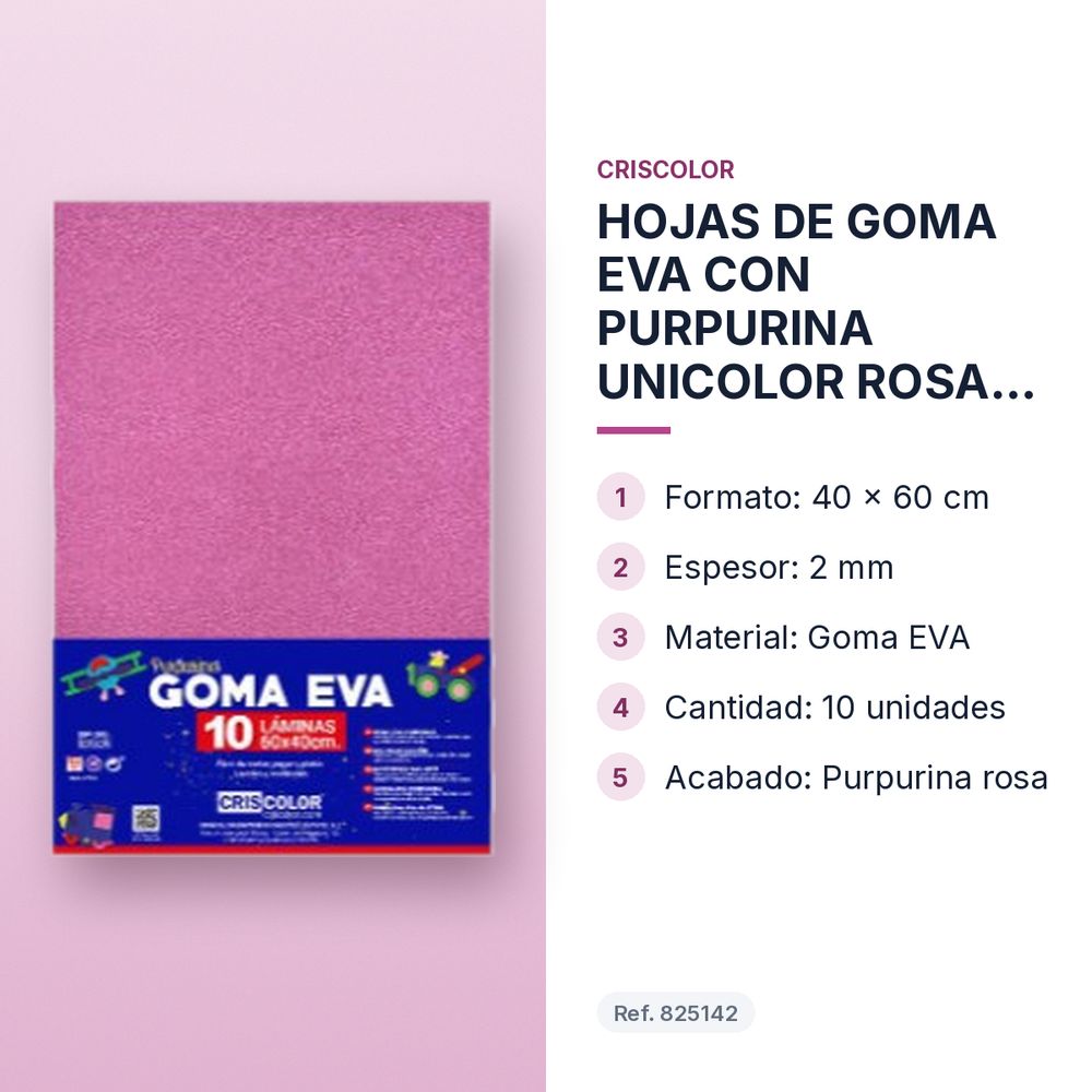HOJAS DE GOMA EVA CON PURPURINA UNICOLOR ROSA 40x60CM - características principales