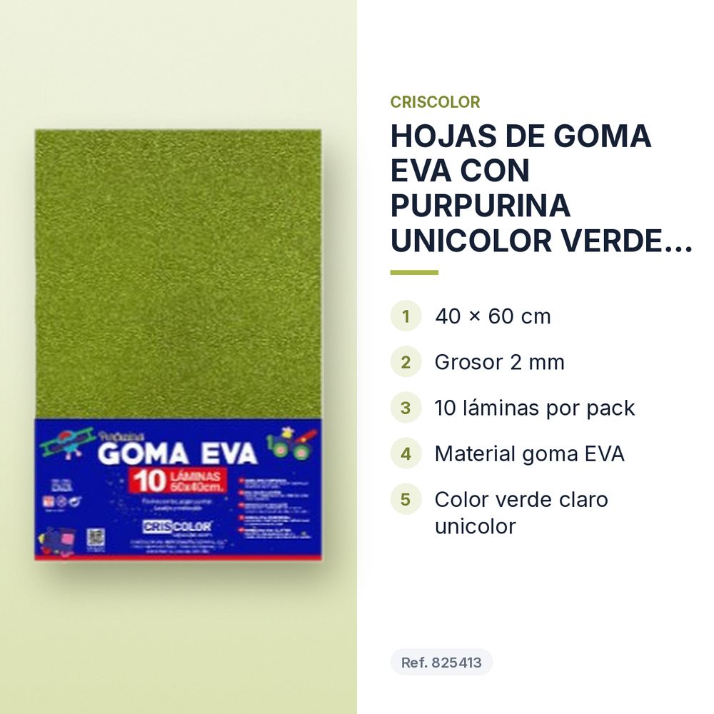 HOJAS DE GOMA EVA CON PURPURINA UNICOLOR VERDE CLARO 40x60CM - características principales