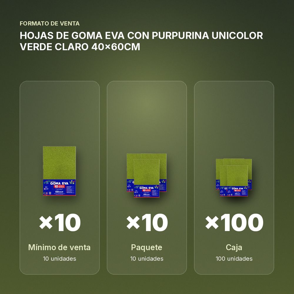 HOJAS DE GOMA EVA CON PURPURINA UNICOLOR VERDE CLARO 40x60CM - formato de venta: paquete de 10, caja de 100