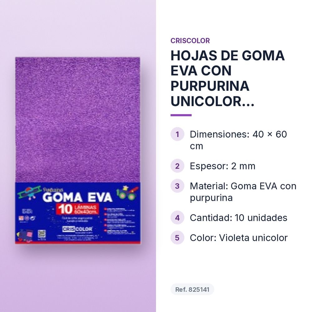HOJAS DE GOMA EVA CON PURPURINA UNICOLOR VIOLETA 40x60CM - características principales