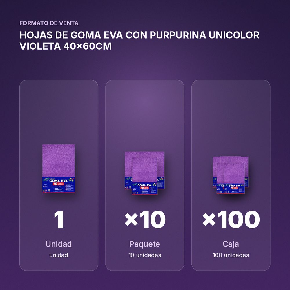 HOJAS DE GOMA EVA CON PURPURINA UNICOLOR VIOLETA 40x60CM - formato de venta: paquete de 10, caja de 100