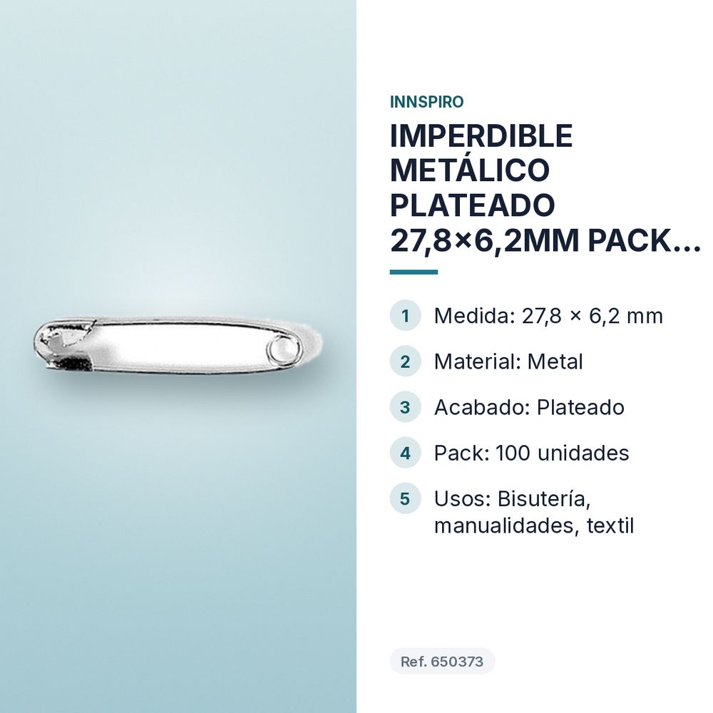 IMPERDIBLE METÁLICO PLATEADO 27,8x6,2MM PACK 100 UDS - características principales
