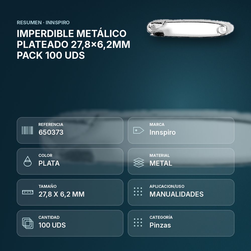 IMPERDIBLE METÁLICO PLATEADO 27,8x6,2MM PACK 100 UDS - resumen de atributos