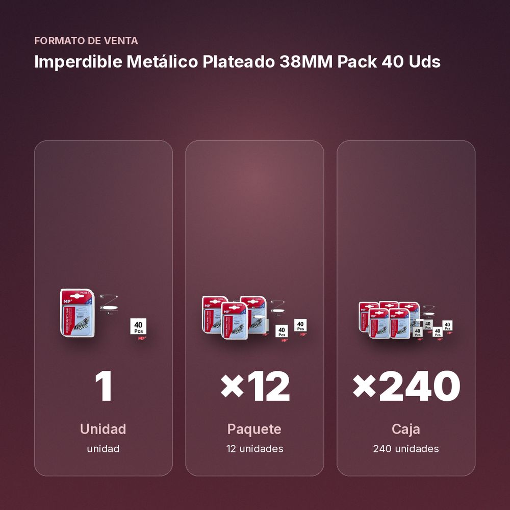 IMPERDIBLE METÁLICO PLATEADO 38MM PACK 40 UDS - formato de venta: paquete de 12, caja de 240